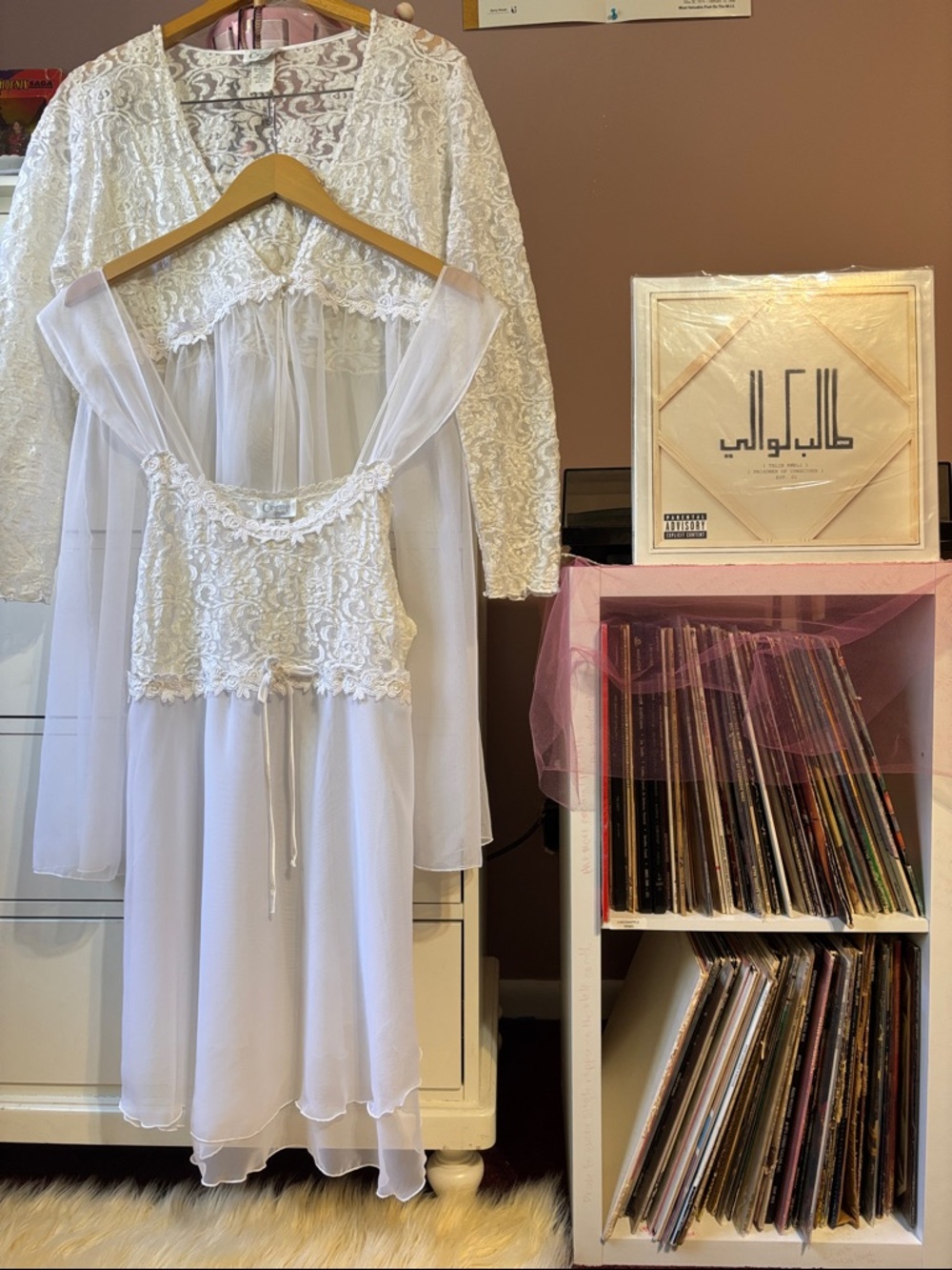 Vintage Y2K Lace Babydoll Slip Robe Set Bridal White Cream Romantic Peignoir XL